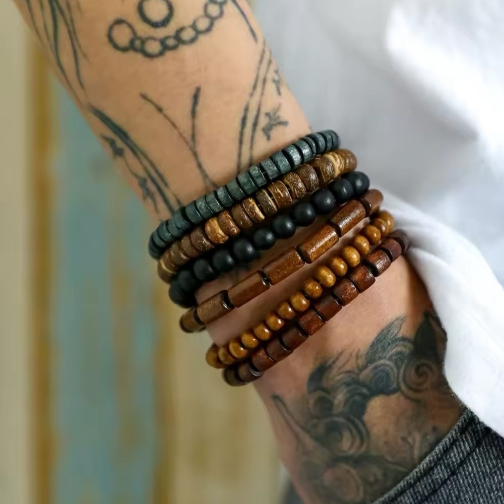 3 For $35 Bohemian Natural Wood Stacked Dyed Bead Bracelet Set